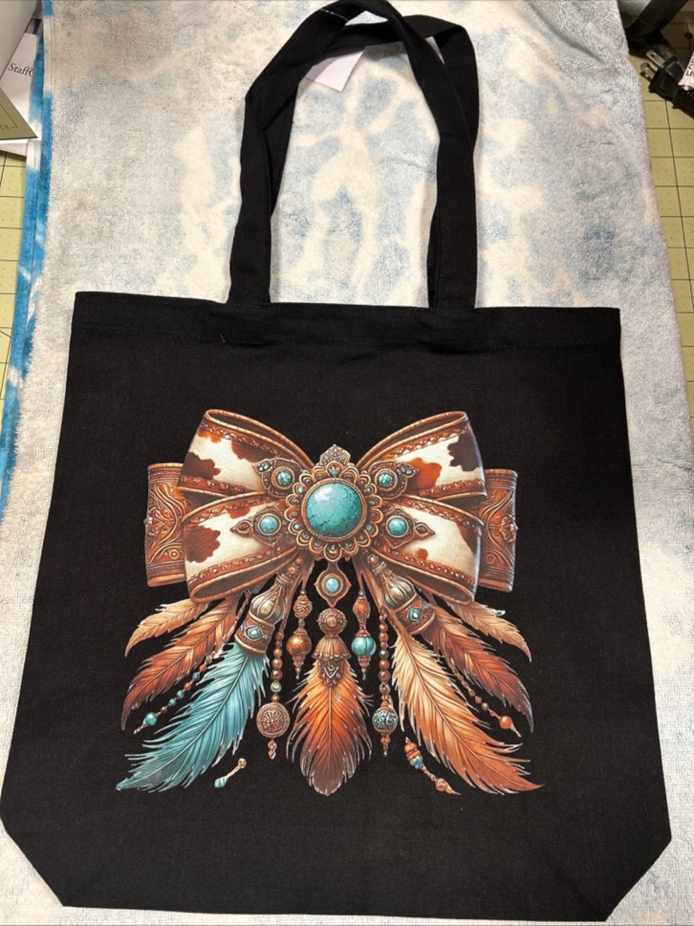 Black Tote with Turquoise & Brown Feather Bow Accent